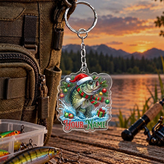 Maxcorners Christmas Holiday Fishing Artwork Personalized Name 2D Acrylic Keychain Ornament (8 Fish Species)
