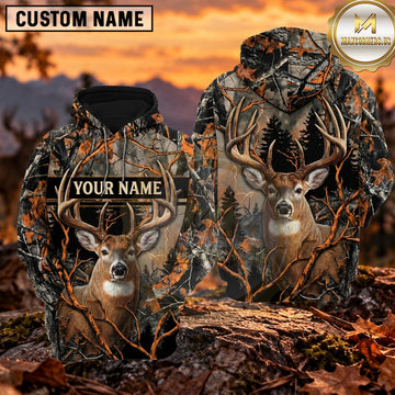 Maxcorners Whitetail Buck Woodland Antler Frame Personalized Name 3D Hoodie