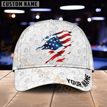 Maxcorners Billiards 8 Ball American Flag White Pattern Multiple Options Personalized Name 3D Cap
