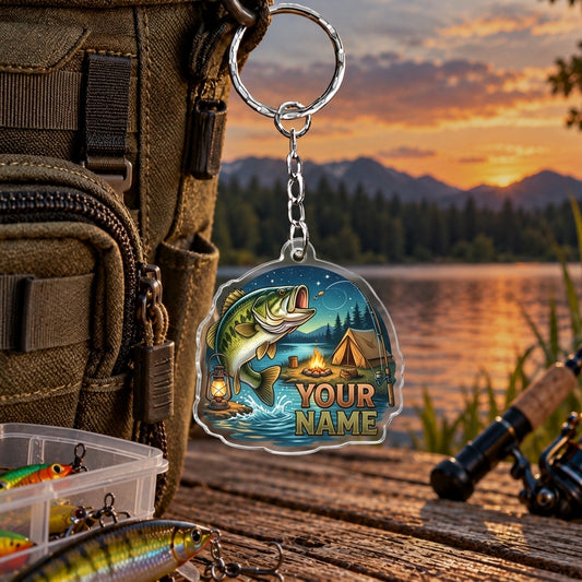 Maxcorners Sunset Lake Adventure Fishing Artwork Personalized Name 2D Acrylic Keychain Ornament (13 Fish Species)