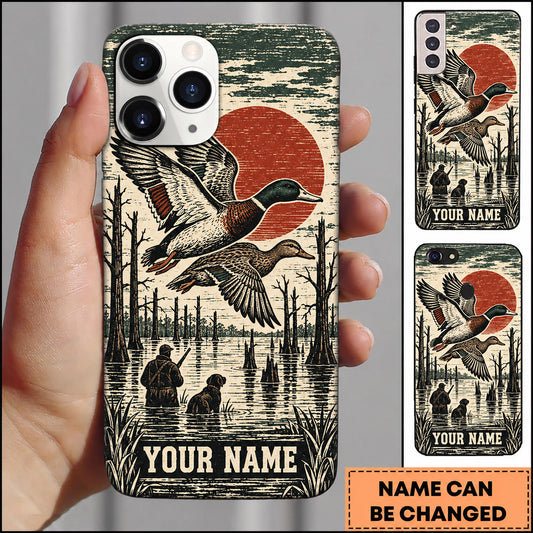 Maxcorners Duck Hunting Vintage Woodblock Flying Mallards Personalized Name 3D Phone Case