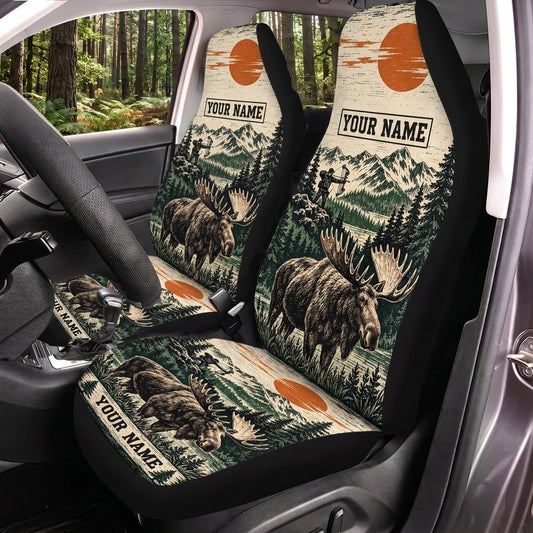 Maxcorners Moose Hunting Vintage Mountain Forest Personalized Name Car Seat Covers