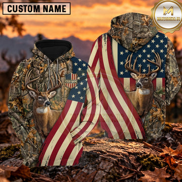 Maxcorners Patriotic Deer Hunting American Flag Camo Personalized Name 3D Hoodie