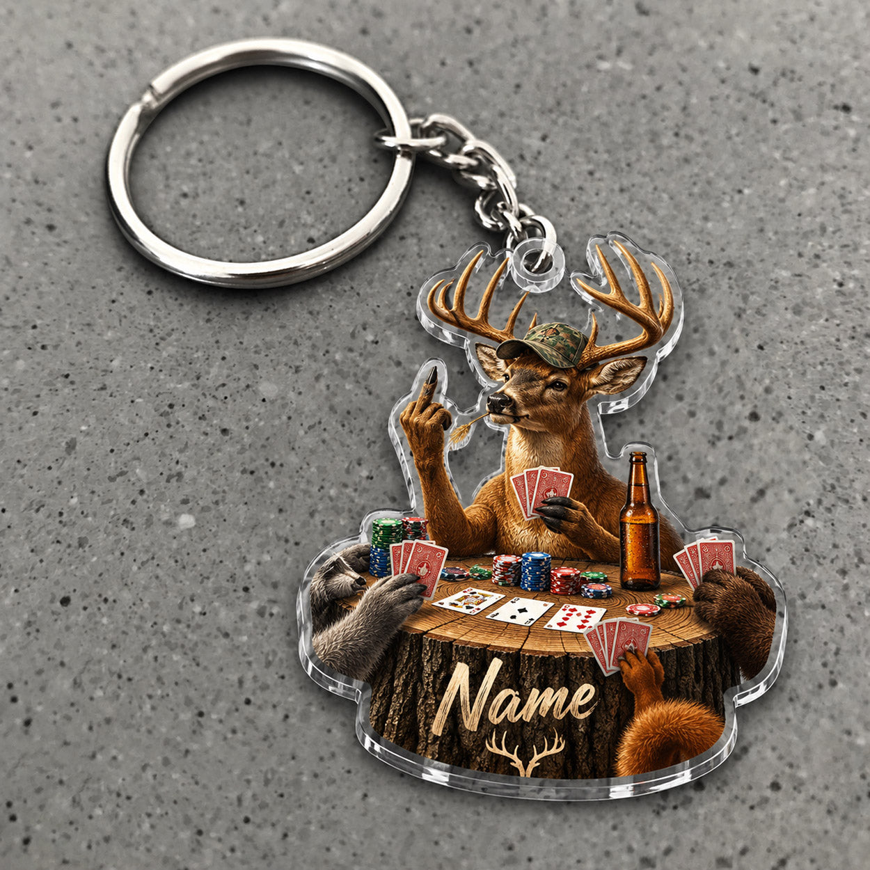Maxcorners Deer Poker Player Casino Character Custom Name Trap Hunting Custom Gift 2D Flat Acrylic Ornament, Keychain