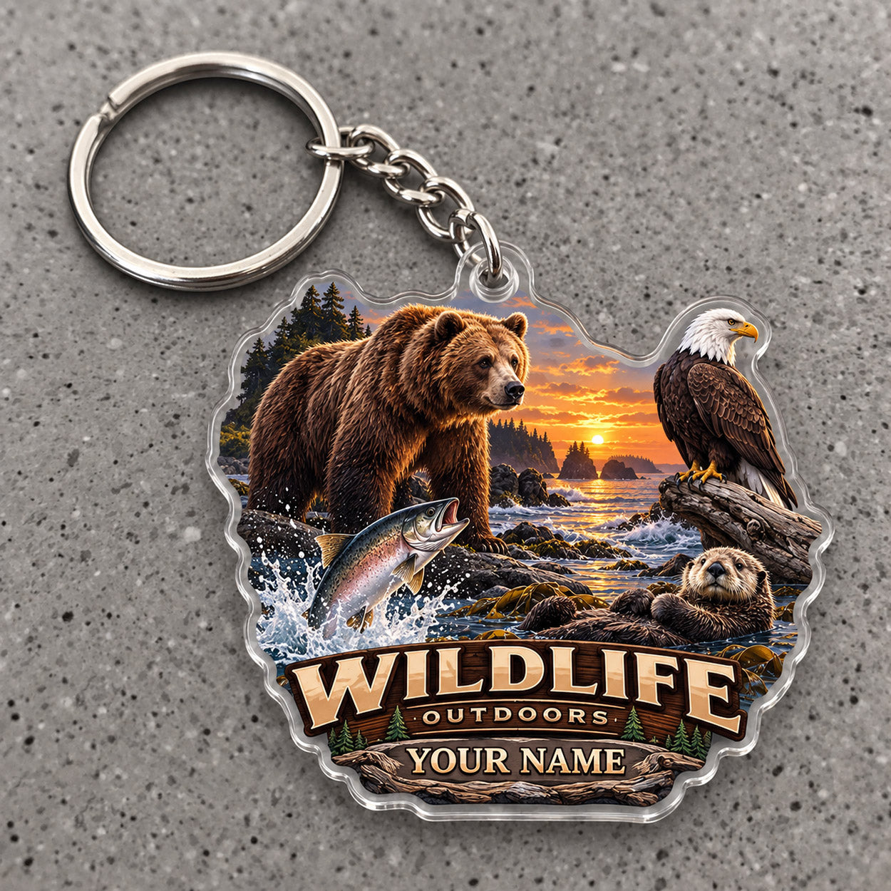 Maxcorners Wildlife Outdoors Bear Eagle River Scene Custom Name Trap Hunting Custom Gift 2D Flat Acrylic Ornament, Keychain