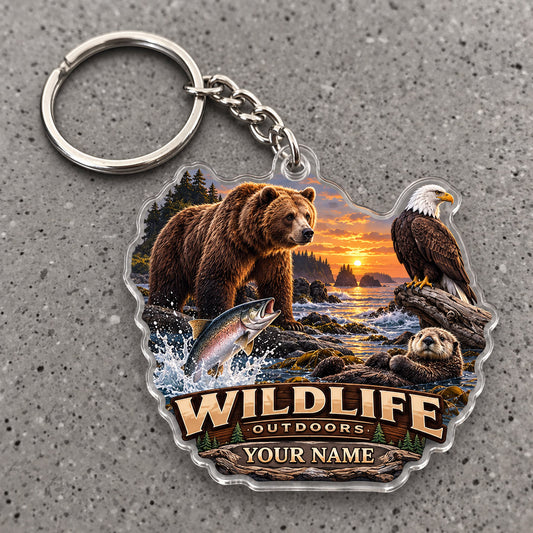Maxcorners Wildlife Outdoors Bear Eagle River Scene Custom Name Trap Hunting Custom Gift 2D Flat Acrylic Ornament, Keychain