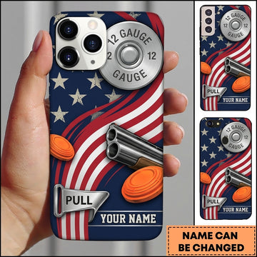 Maxcorners 12 Gauge American Flag Pull Clay Target Personalized Name Trap Shooting Phone Case