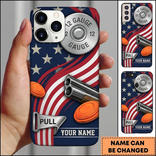 Maxcorners 12 Gauge American Flag Pull Clay Target Personalized Name Trap Shooting Phone Case