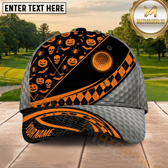 Maxcorners Golf Halloween Pumpkin Pattern Orange Black Personalized Name 3D Cap