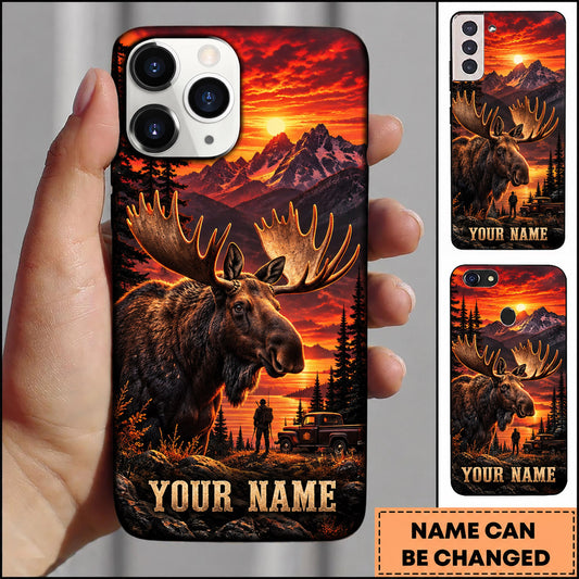 Maxcorners Moose Hunting Fiery Sunset Mountain Wilderness Personalized Name 3D Phone Case