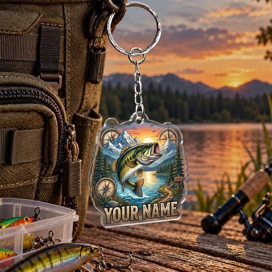 Maxcorners Sunset Lake Fishing Artwork Personalized Name 2D Acrylic Keychain Ornament (8 Fish Species)