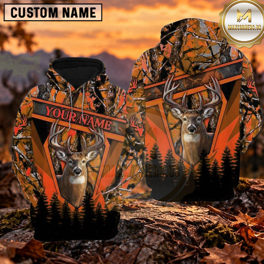 Maxcorners Whitetail Buck Geometric Frame Camo Personalized Name 3D Hoodie