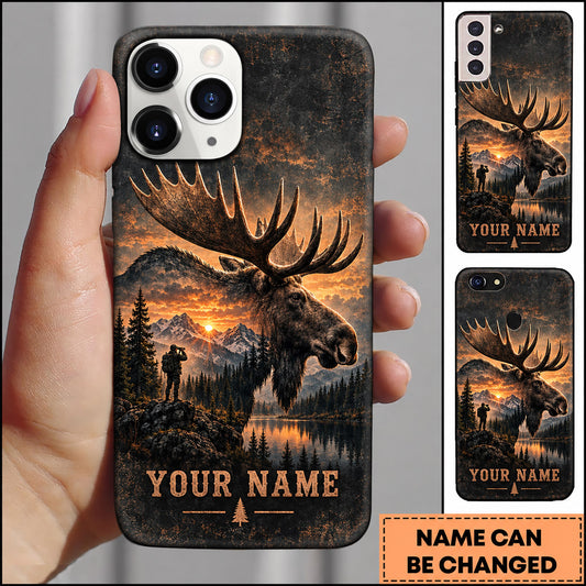 Maxcorners Moose Hunting Rustic Dark Mountain Sunset Personalized Name 3D Phone Case