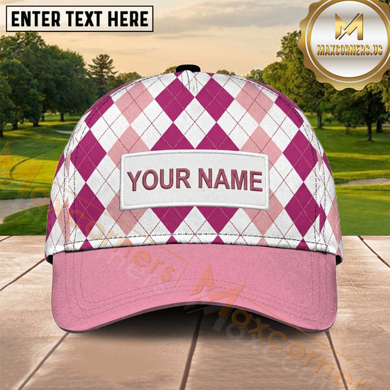 Maxcorners Golf Pink White Argyle Classic Personalized Name 3D Cap