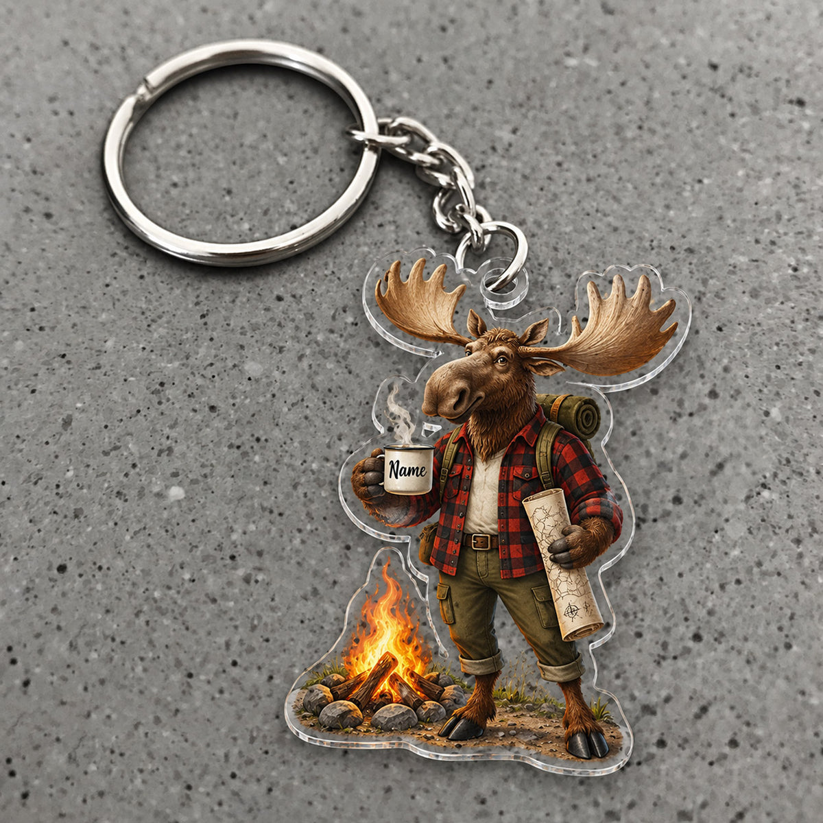 Maxcorners Moose Campfire Outdoor Adventure Character Custom Name Trap Hunting Custom Gift 2D Flat Acrylic Ornament, Keychain