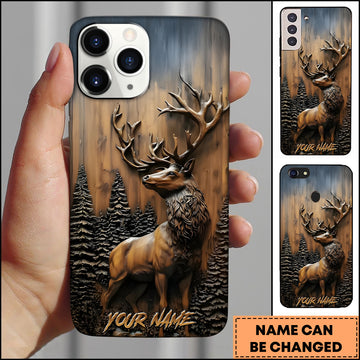 Maxcorners Elk Wildlife Wooden Carving Forest Antlers Multiple Options Personalized Name Phone Case