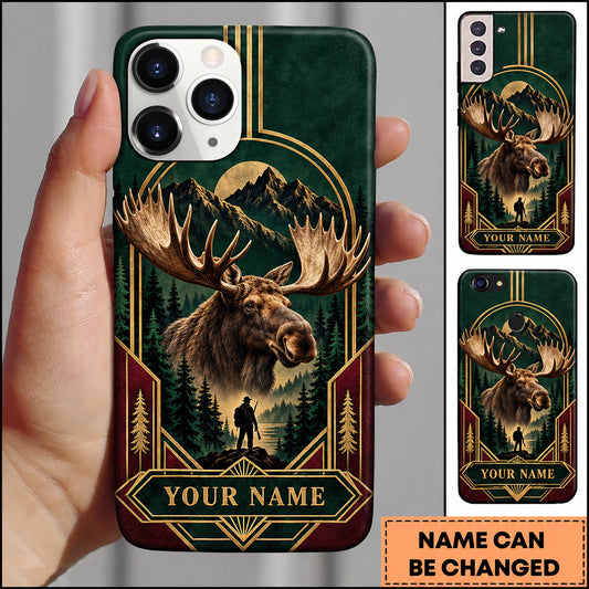 Maxcorners Moose Hunting Art Deco Forest Emblem Personalized Name 3D Phone Case