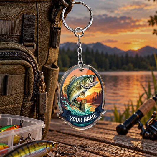 Maxcorners Retro Orange Sunset Fishing Artwork Personalized Name 2D Acrylic Keychain Ornament (8 Fish Species)