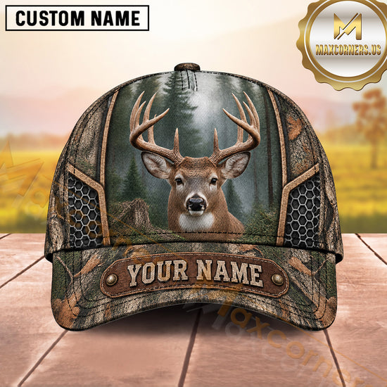 Maxcorners Deer Hunting Whitetail Buck Rustic Camo Badge Design  Personalized Name 3D Cap