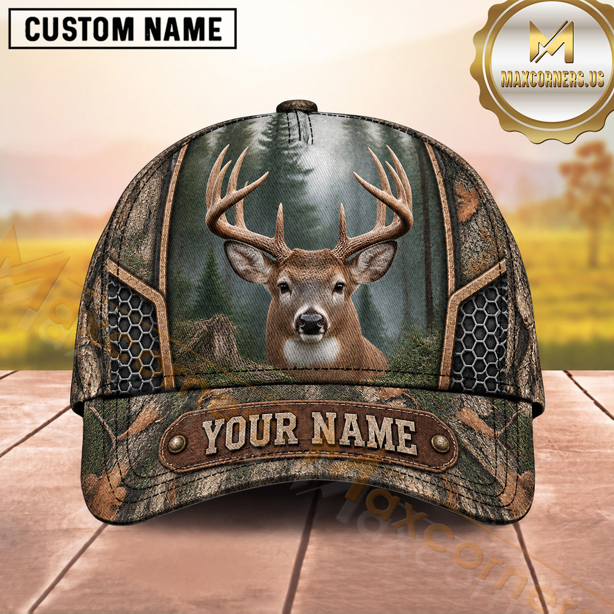 Maxcorners Deer Hunting Whitetail Buck Rustic Camo Badge Design  Personalized Name 3D Cap