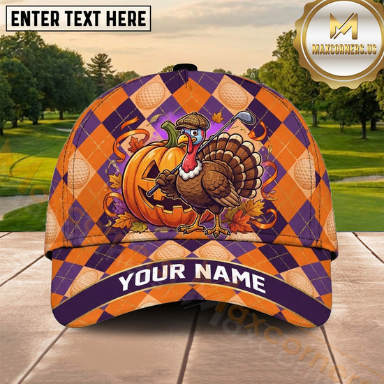 Maxcorners Golf Thanksgiving Turkey Purple Orange Argyle Personalized Name 3D Cap