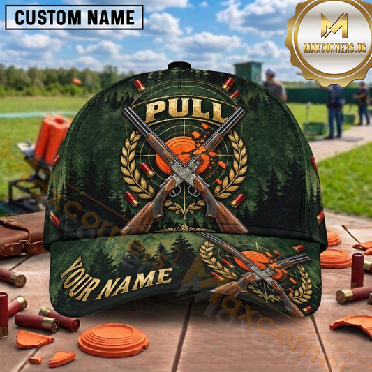 Maxcorners Trap Shooting Crossed Shotguns Clay Target Emblem Graphic Multiple Options Personalized Name 3D Cap