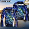 Maxcorners Fishing Shirt Electric Blue Lightning Bolt Honeycomb Pattern Multiple Options Personalized Name, Team Name 3D Long Sleeve Shirt (13 Fish Species)