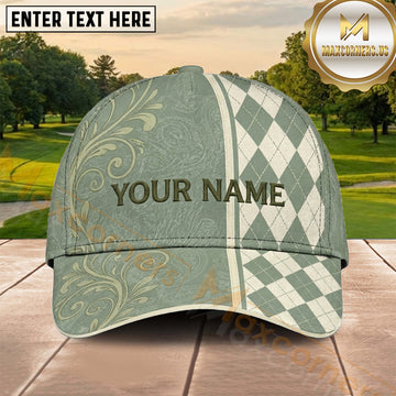 Maxcorners Golf Sage Green Floral Argyle Personalized Name 3D Cap
