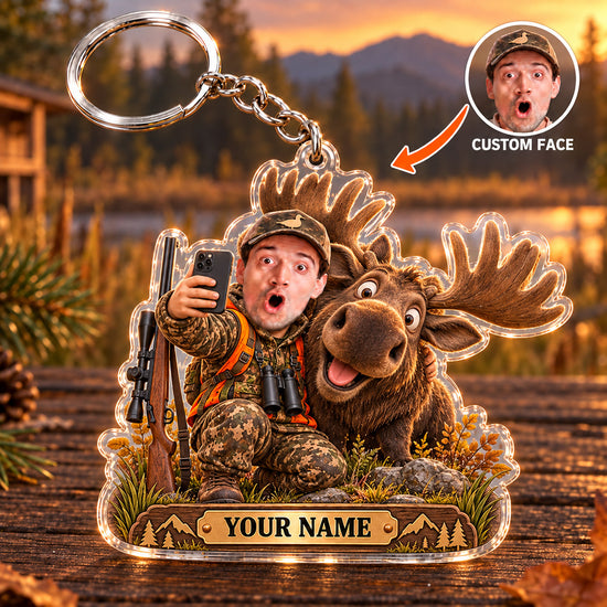 Maxcorners Moose Hunting Funny Hunter Moose Selfie Custom Name & Face Custom Gift 2D Flat Acrylic Ornament, Keychain