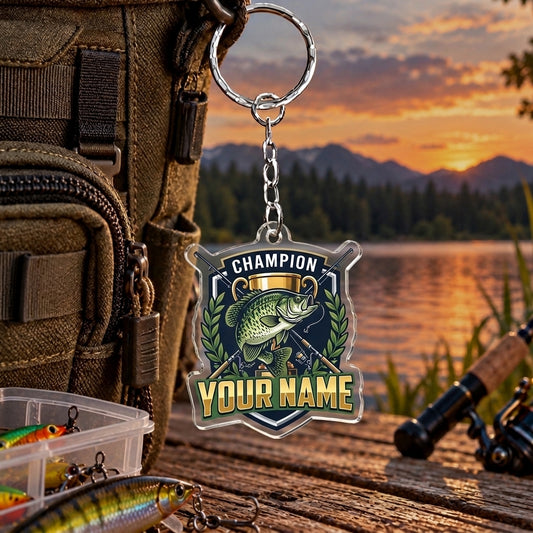 Maxcorners Champion Fishing Trophy Badge Personalized Name 2D Acrylic Keychain Ornament (8 Fish Species)