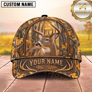 Maxcorners Deer Hunting Buck Autumn Woodland Camo Design  Personalized Name 3D Cap