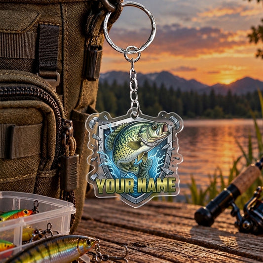 Maxcorners Blue Wave Fishing Emblem Personalized Name 2D Acrylic Keychain Ornament (8 Fish Species)