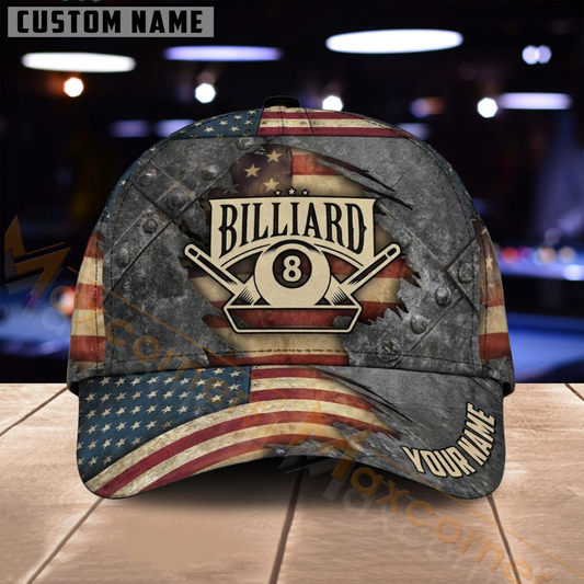 Maxcorners Billiards 8 Ball Vintage American Flag Rustic Multiple Options Personalized Name 3D Cap