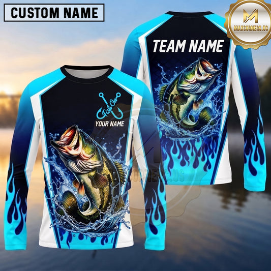 Maxcorners Fishing Shirt Electric Blue Flame Lightning Style Multiple Options Personalized Name, Team Name 3D Long Sleeve Shirt (13 Fish Species)