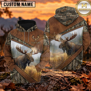 Maxcorners Moose Hunting Scenic Wilderness Camo Personalized Name 3D Hoodie
