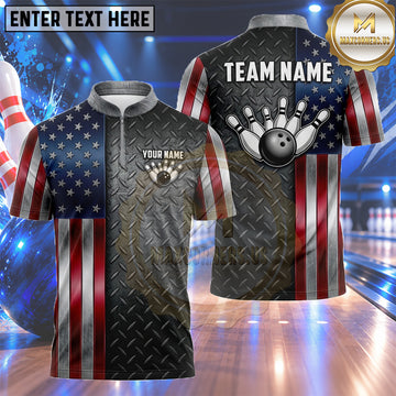 Maxcorners USA Bowling Shirt Industrial Diamond Plate Flag Multiple Options Personalized Name, Team Name 3D Shirt