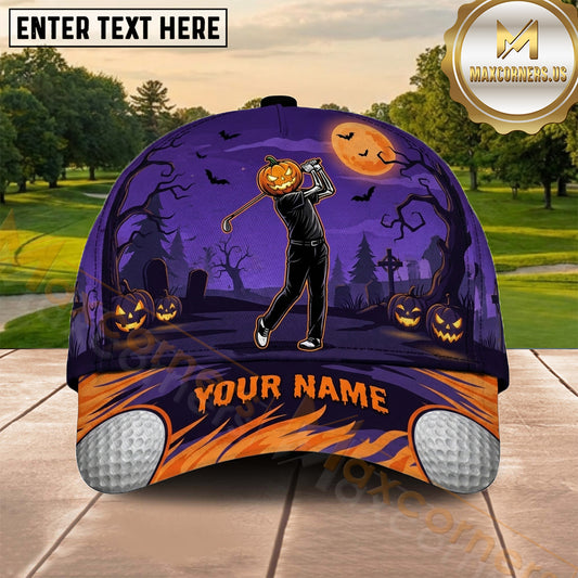 Maxcorners Golf Purple Halloween Pumpkin Golfer Personalized Name 3D Cap