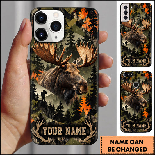 Maxcorners Moose Hunting Autumn Forest Silhouette Scene Personalized Name 3D Phone Case