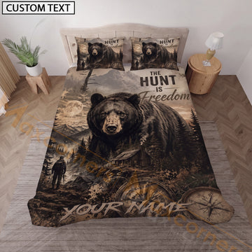 Maxcorners Personalized Black Bear Hunting Bedding Set, Custom Name Hunt Is Freedom Rustic Bear Bedding, Hunter Gift for Hunter