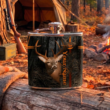 Maxcorners Deer Hunting Whitetail Buck and Rustic Woodland Artwork Multiple Options Personalized Name 3D Hip Flask