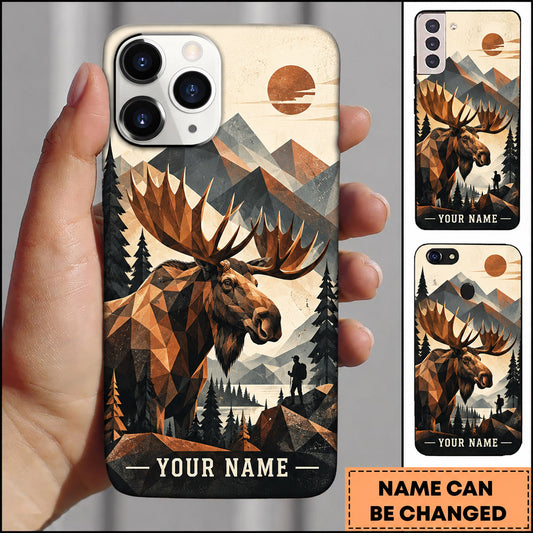 Maxcorners Moose Hunting Geometric Mountain Sunset Art Personalized Name 3D Phone Case