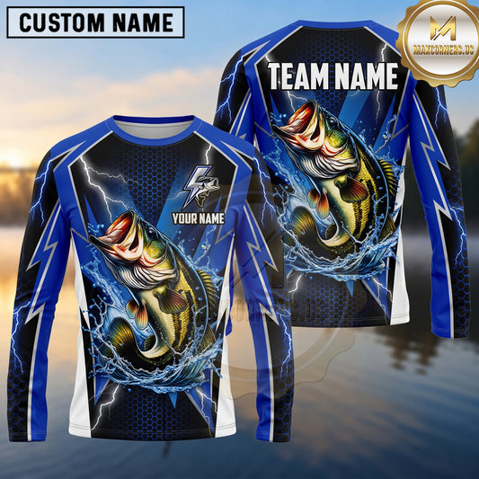 Maxcorners Fishing Shirt Electric Blue Lightning Bolt Honeycomb Pattern Multiple Options Personalized Name, Team Name 3D Long Sleeve Shirt (13 Fish Species)