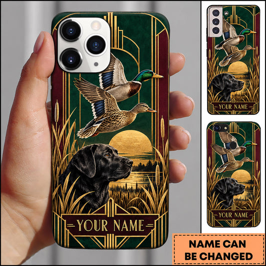 Maxcorners Mallard Duck Hunting Art Deco Black Lab Marsh Personalized Name 3D Phone Case