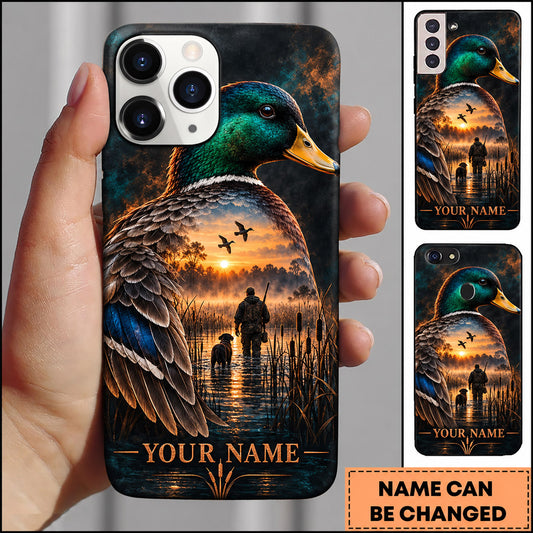 Maxcorners Mallard Duck Hunting Double Exposure Hunter Marsh Personalized Name 3D Phone Case