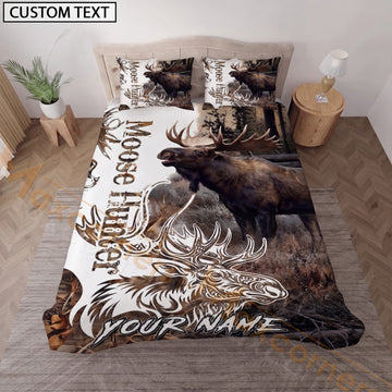 Maxcorners Personalized Moose Hunting Bedding Set, Custom Name Bull Moose Forest Bedding, Rustic Wildlife Hunting Gift for Hunter