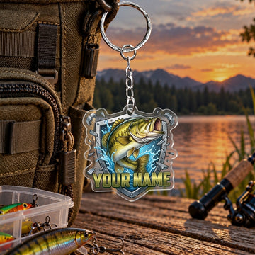 Maxcorners Blue Wave Fishing Emblem Personalized Name 2D Acrylic Keychain Ornament (8 Fish Species)