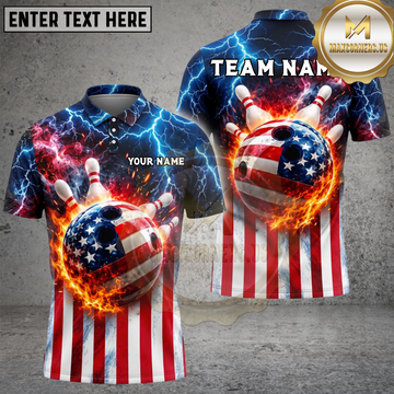 Maxcorners Bowling American Flag Fireball Multiple Options Personalized Name, Team Name 3D Shirt