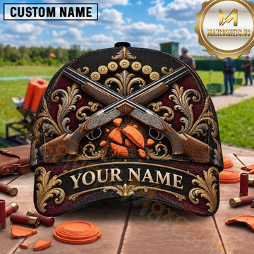 Maxcorners Trap Shooting Ornamental Crossed Shotguns Crest Multiple Options Personalized Name 3D Cap