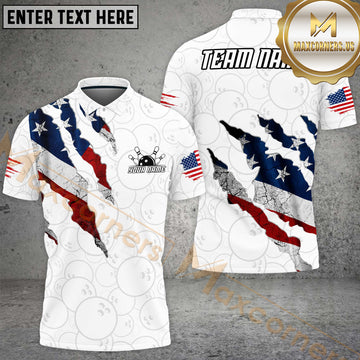 Maxcorners Bowling American Flag Torn Effect Bowling Pattern Design Multiple Options Personalized Name, Team Name 3D Shirt