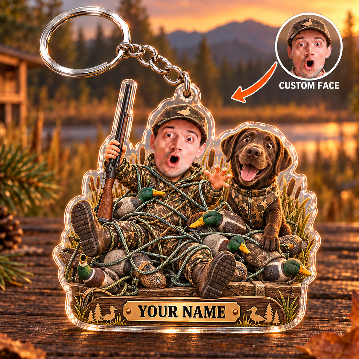 Maxcorners Duck Hunting Funny Hunter Retriever Decoy Pile Custom Name & Face Custom Gift 2D Flat Acrylic Ornament, Keychain